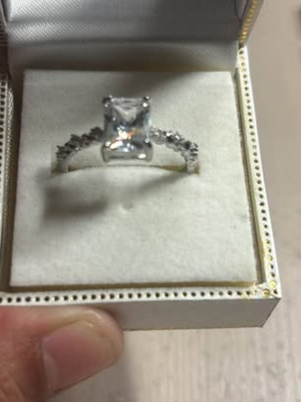 Silver Wedding Emerald Cut Solitaire Ring with Twisted Band Size 10